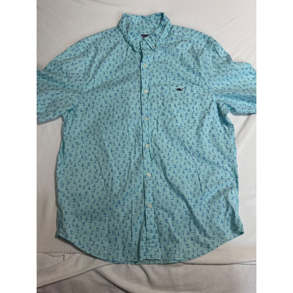 Vineyard Vines Mens Medium Classic Fit Tucker Shirt Blue Nautical Sailboat Print